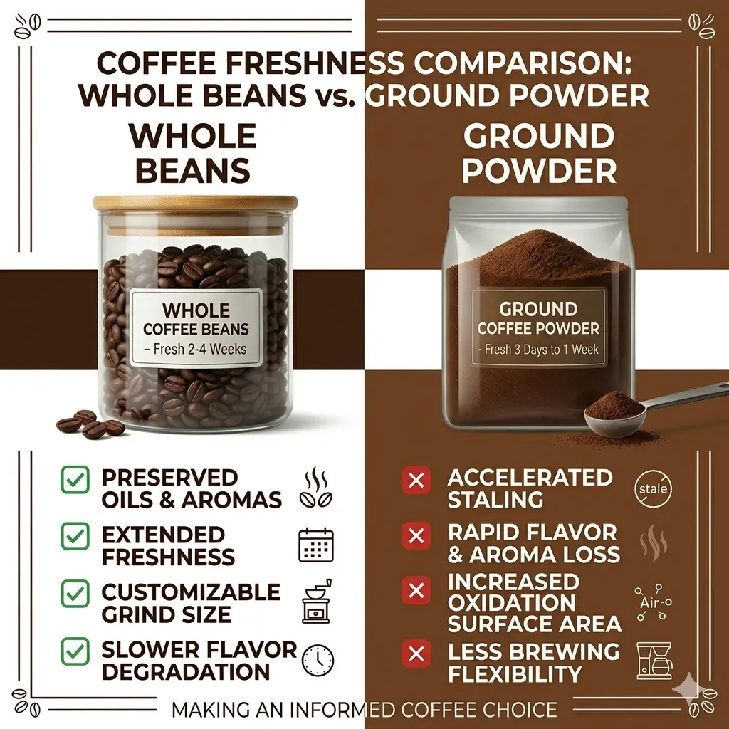 Coffee freshness comparison showing whole beans stay fresh 2-4 weeks vs ground coffee 3 days to 1 week