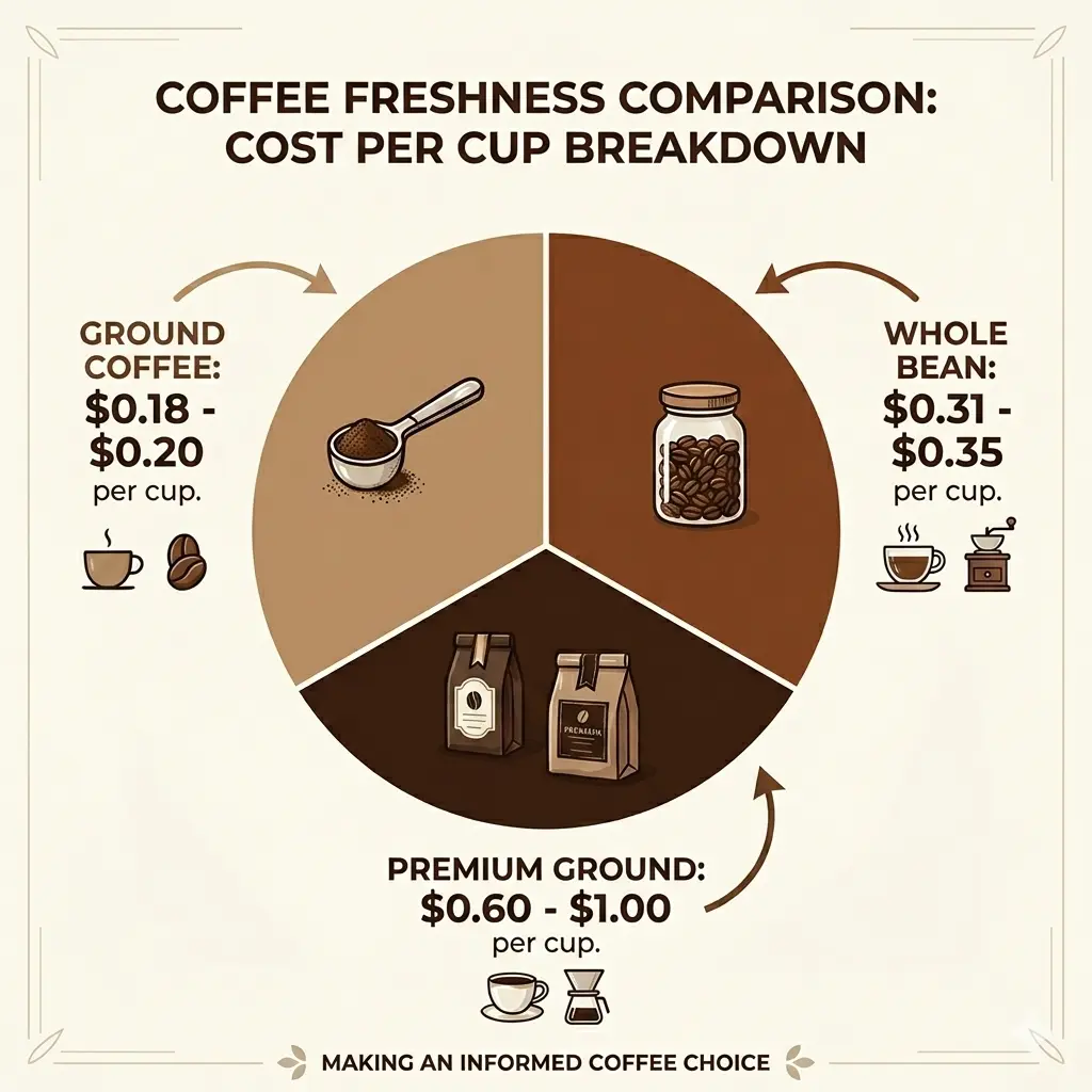 Cost per cup breakdown showing ground coffee $0.18-$0.20, whole bean $0.31-$0.35, and premium ground $0.60-$1.00