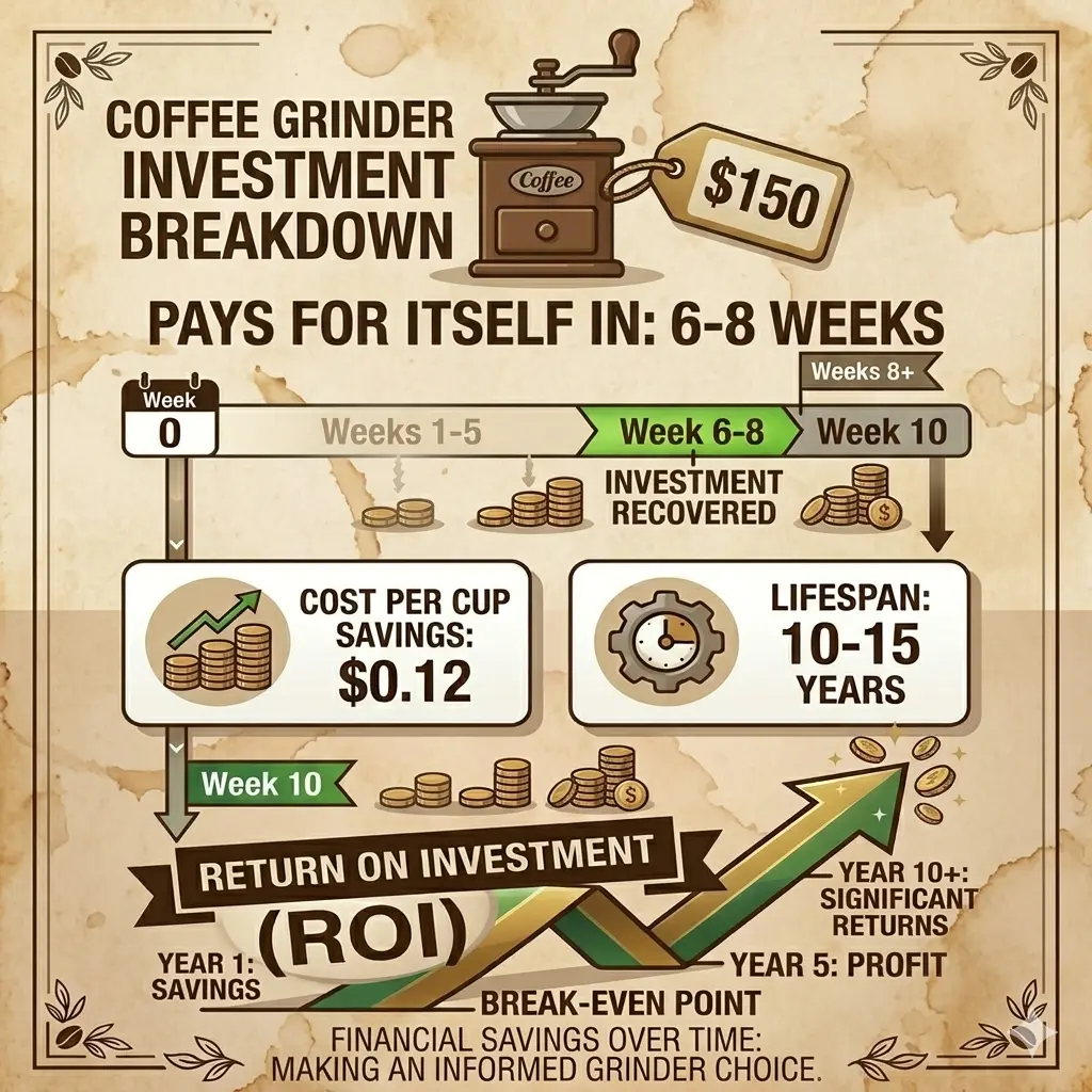 Coffee grinder investment breakdown showing $150 grinder pays for itself in 6-8 weeks with $0.12 cost per cup savings and 10-15 year lifespan
