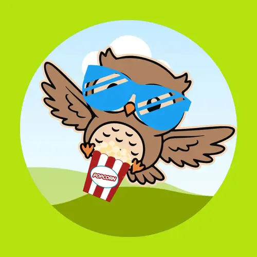 Cartoon owl wearing blue sunglasses and holding popcorn, representing entertainment and lifestyle wisdom.