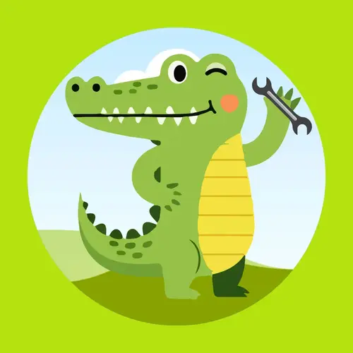 Cartoon crocodile holding a wrench, representing professional maintenance and technical gear vetting.