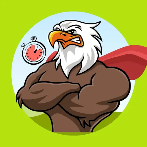 Buff cartoon falcon with a red cape, representing high-speed performance and rapid deal discovery.