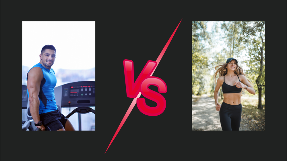 A man with a cheerful smile on a treadmill, seemingly ready to embark on a run (left side), alongside a woman running outdoors (right side). Exploring the choice between running on a treadmill and the joys of outdoor running.