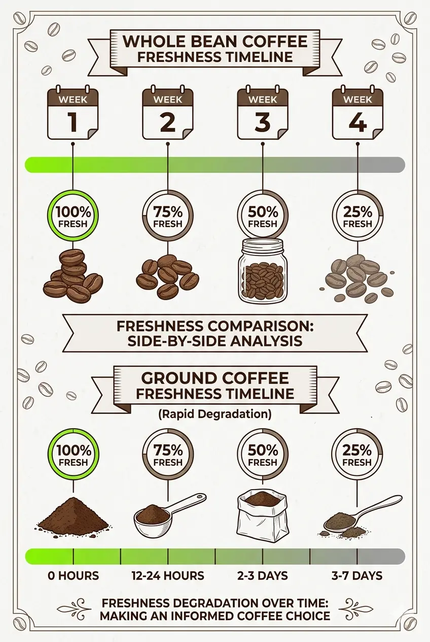 Freshness timeline showing whole bean coffee degradation over 4 weeks versus ground coffee rapid degradation over 7 days